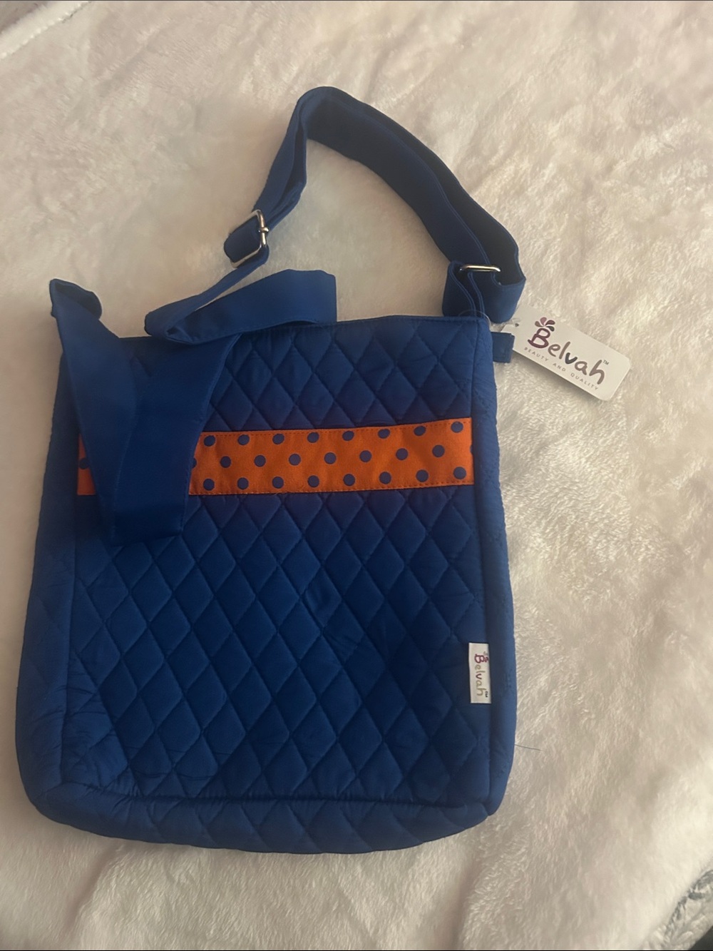 Belvah Quilted Blue Crossbody Bag with Orange Polka Dot Accent